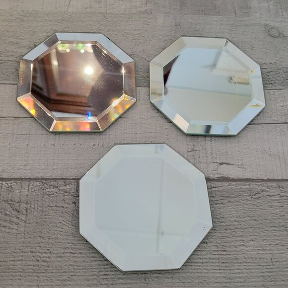 Partylite Octagon Shaped Faceted Mirror Coasters Set Of 3 With Felt Backing - Picture 1 of 6